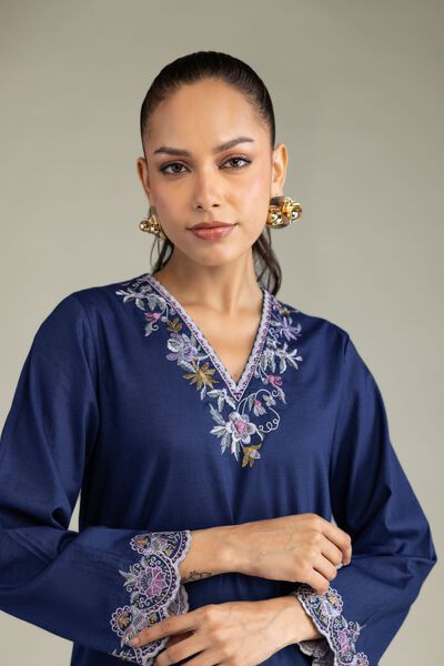 Embroidered | Cambric | Cambric Navy Kurta | USD 45.00