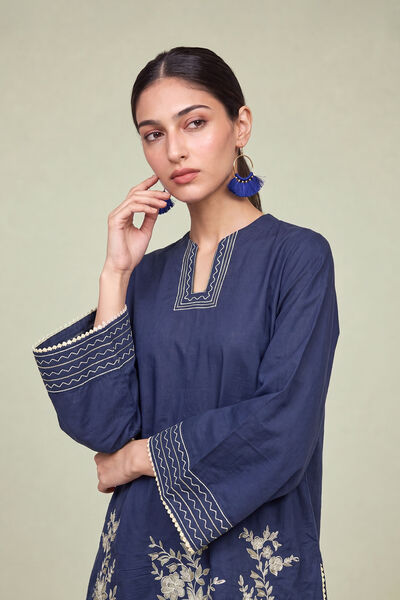 Embroidered | Cambric | Floral Navy Kurta | USD 45.00