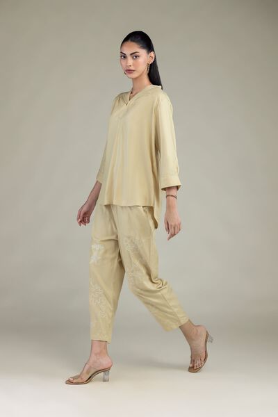 Embroidered | Viscose Crepe | Viscose Beige Trousers | USD 17.50