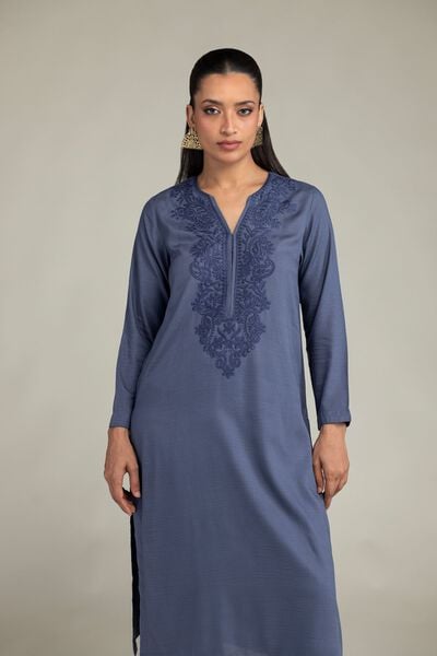 Dyed | Raw Silk | Longline V-Neck Kurta | USD 35.00