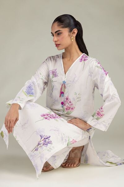 Printed | Cotton Viscose | White V-Neck Kurta | USD 35.00