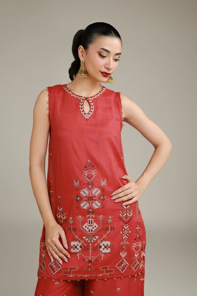 Embroidered | Raw Silk | Printed Rust Kurta | USD 30.00