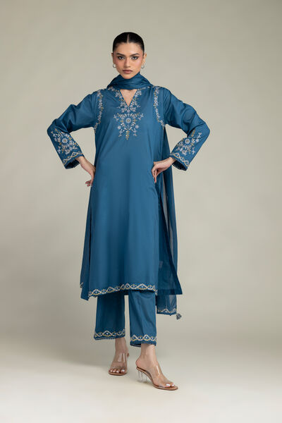 Embroidered | Cambric | Teal Cambric Pants | USD 30.00