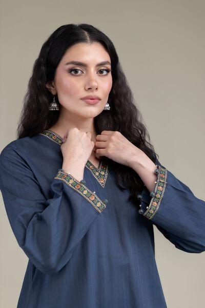 Embroidered | Cotton Dobby | Navy V-Neck Kurta | USD 35.00