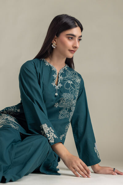 Embroidered | Cambric | Short Teal Kurta | USD 40.00