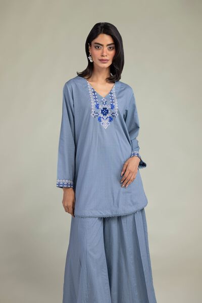 Embroidered | Cotton Dobby | Blue V-Neck Kurta | USD 17.50