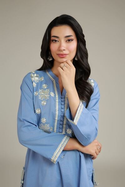 Embroidered | Cambric | Floral Blue Kurta | USD 40.00