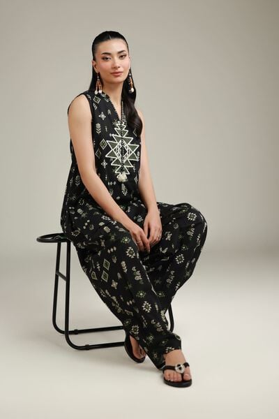 Embroidered | Cotton Dobby | Black Sleeveless Kurta | USD 30.00