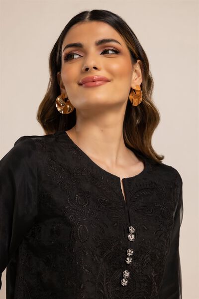Embroidered Kurta, BLACK, hi-res
