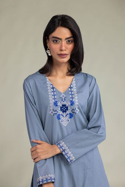 Embroidered | Cotton Dobby | Blue V-Neck Kurta | USD 17.50