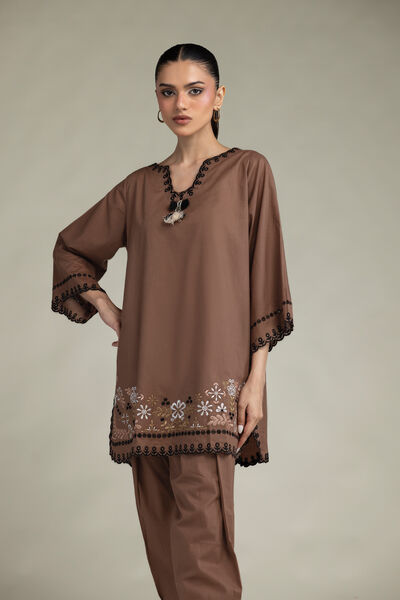 Embroidered | Cambric | Short Brown Kurta | USD 45.00