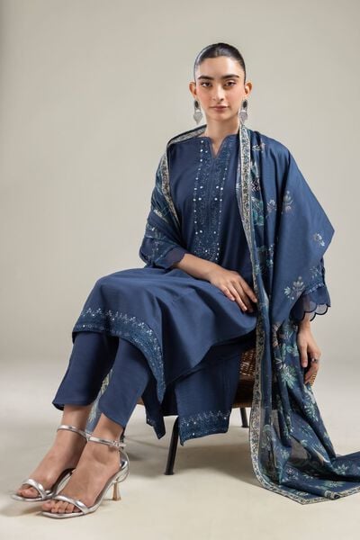 Embroidered |Cotton Dobby | Long Navy Kurta | USD 40.00