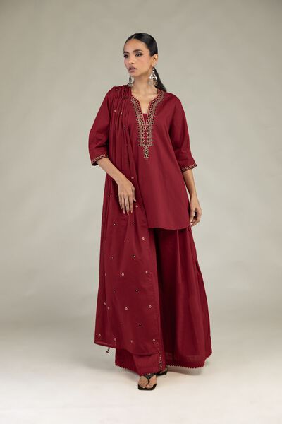 Textured Cotton | Embroidered | V-Neck Cotton Kurta | USD 35.00