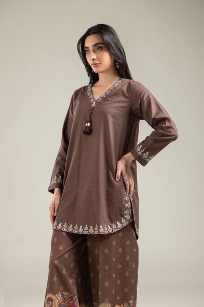 Embroidered | Mesuri | Brown V-Neck Kurta | USD 35.00