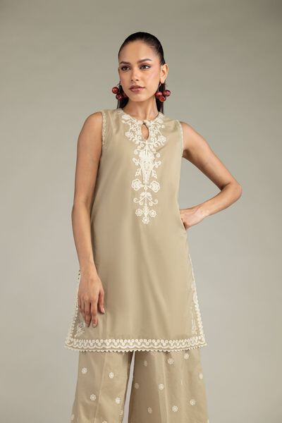 Embroidered | Cambric | Beige Sleeveless Kurta | USD 45.00