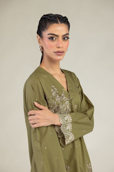 Embroidered | Cotton Dobby | Olive V-Neck Kurta | USD 45.00
