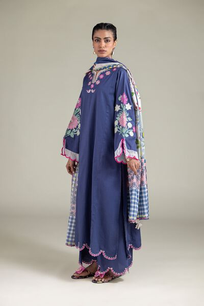 Embroidered | Textured Cotton | Relaxed Scalloped Pants | USD 30.00