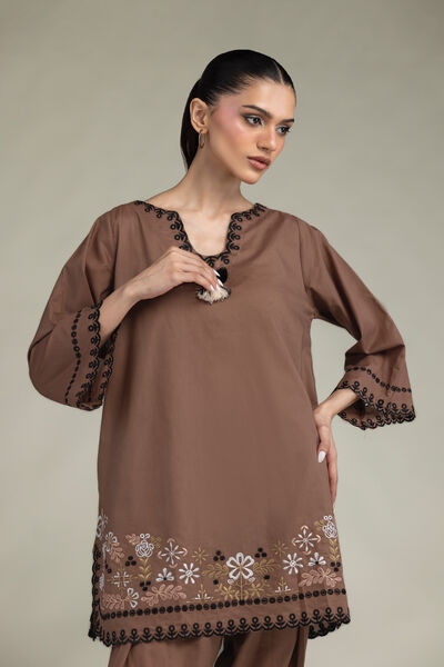 Embroidered | Cambric | Short Brown Kurta | USD 45.00