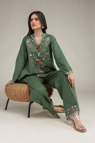 Embroidered | Cotton Dobby | Short Green Kurta | USD 35.00
