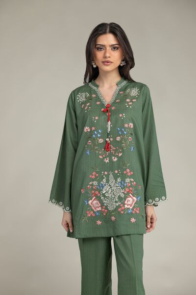 Embroidered | Cotton Dobby | Short Green Kurta | USD 35.00