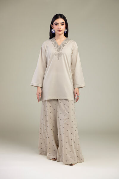 Embroidered | Cambric | Beige Cambric Pants | USD 17.50