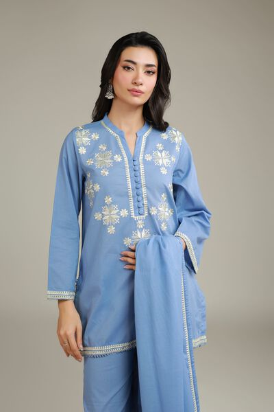 Embroidered | Cambric | Floral Blue Kurta | USD 40.00