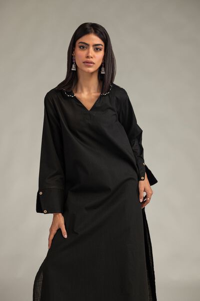 Embroidered | Textured Cotton | Long Black Kurta | USD 35.00