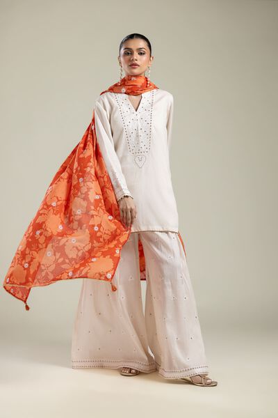 Embroidered | Textured Weave | Orange Floral Dupatta | USD 35.00