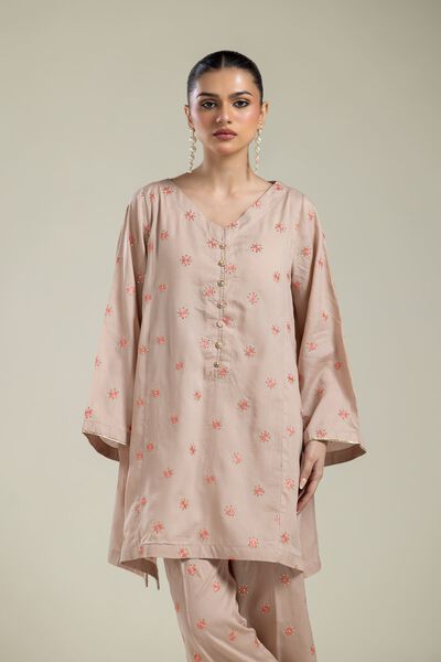 Embroidered | Textured Weave | Floral V-Neck Kurta | USD 40.00