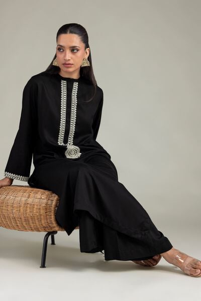 Dyed | Raw Silk | Black Longline Kurta | USD 35.00