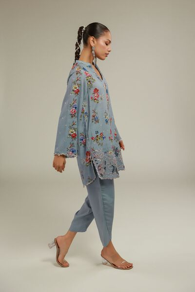 Embroidered | Raw Silk | Blue Silk Pants | USD 9.00