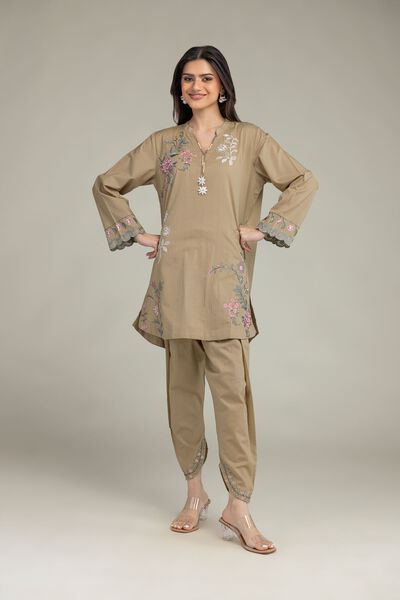 Embroidered | Cotton Dobby | Floral Beige Shalwar | USD 25.00