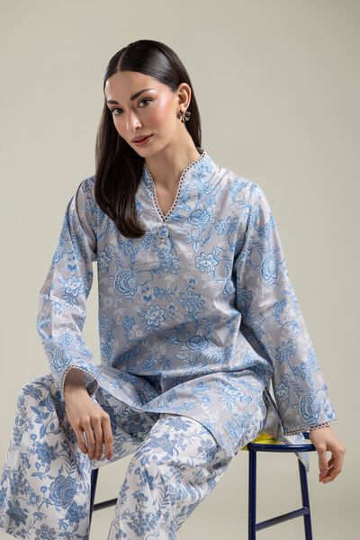 Printed | Cotton Viscose | Gray Floral Kurta | USD 17.50