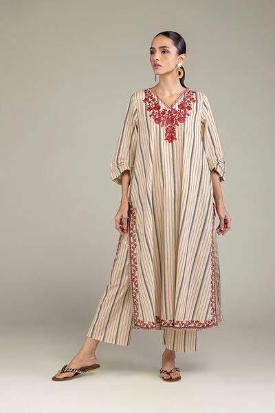 Embroidered | Cambric | Beige Cambric Pants | USD 25.00