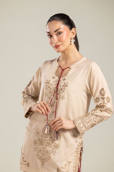 Embroidered | Raw Silk | Floral Beige Kurta | USD 16.50
