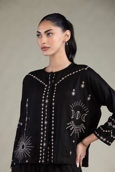 Embroidered | Viscose Crepe | Black Round-Neck Shirt | USD 20.00