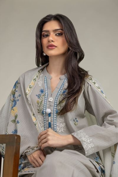 Embroidered | Cotton Net | Gray Floral Dupatta | USD 25.00