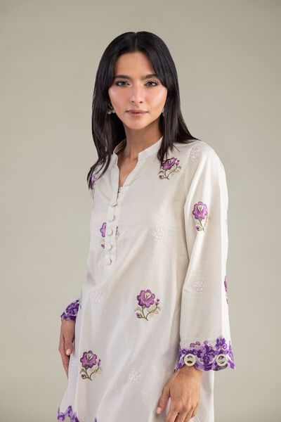 Embroidered | Cotton Dobby | Floral V-Neck Kurta | USD 22.50