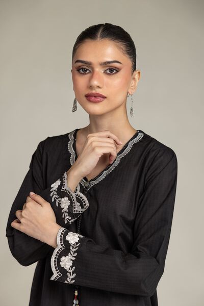 Embroidered | Cotton Dobby | Black V-Neck Kurta | USD 35.00