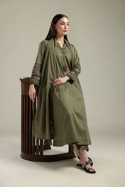 Embroidered |Cotton Dobby | Olive Floral Kurta | USD 40.00