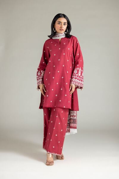 Embroidered | Cambric | Red Tailored Set | USD 70.00