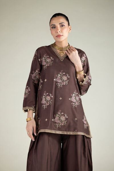 Embroidered | Raw Silk | Floral V-Neck Kurta | USD 30.00