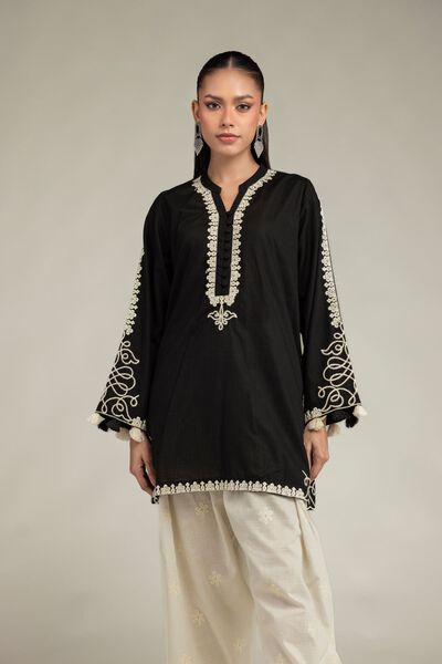 Embroidered | Cotton Dobby | Black Floral Kurta | USD 40.00