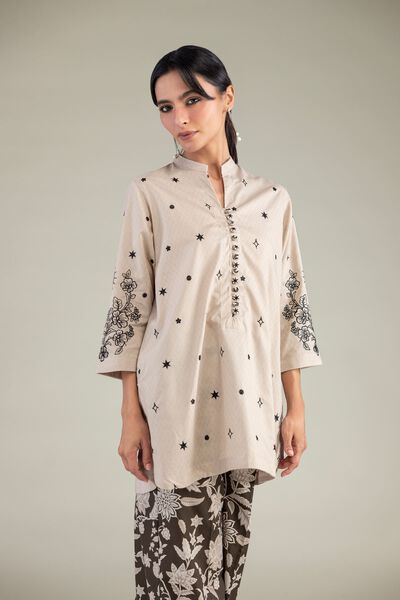 Embroidered | Cotton Dobby | Beige Floral Kurta | USD 12.00