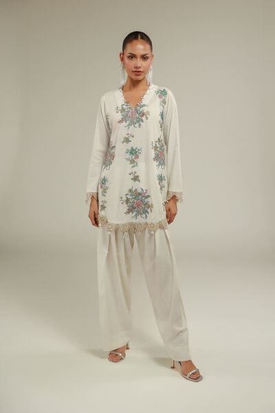 Embroidered | Raw Silk | Floral V-Neck Kurta | USD 35.00